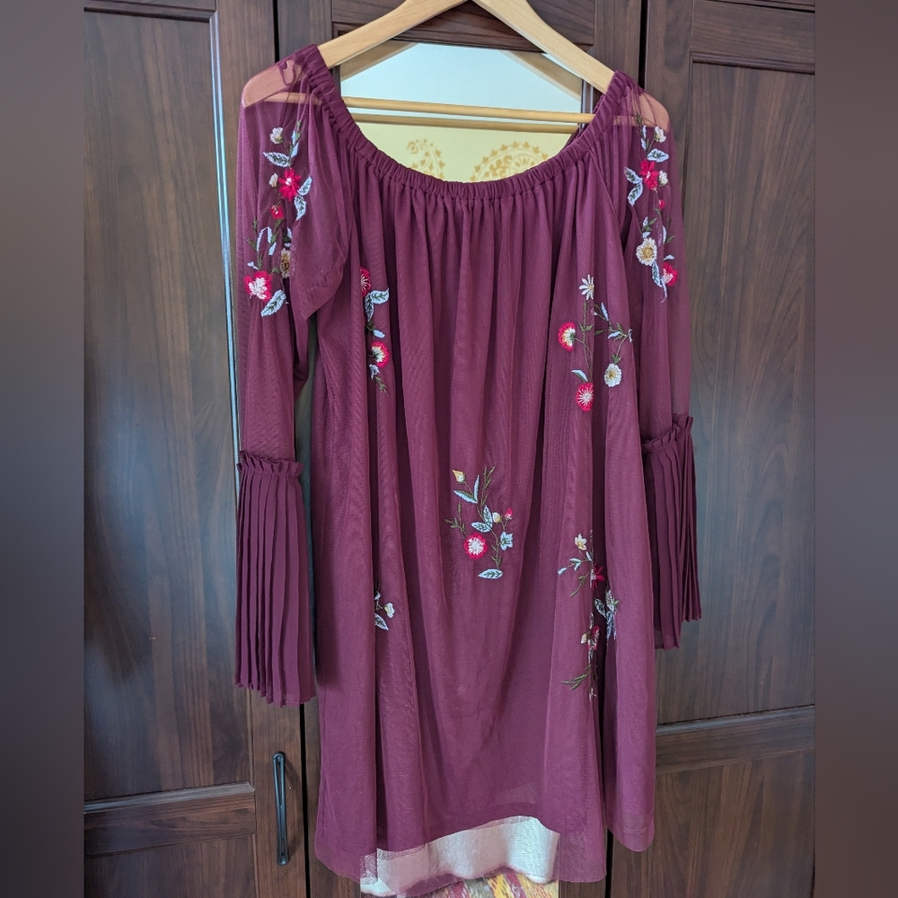Burgundy Mini Dress Floral Embroidery Off The Shoulder Mesh Long Sleeves XLG